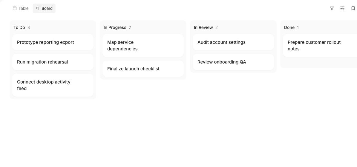 OBMX project board showing work across each stage